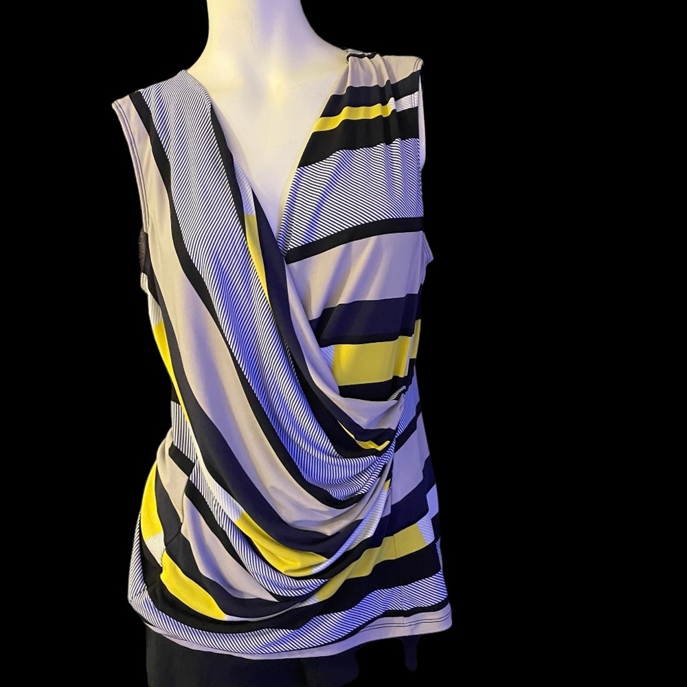 DKNY Top Striped Pullover Black Blue Yellow Sleeveless V-Neck Ruched Size Large